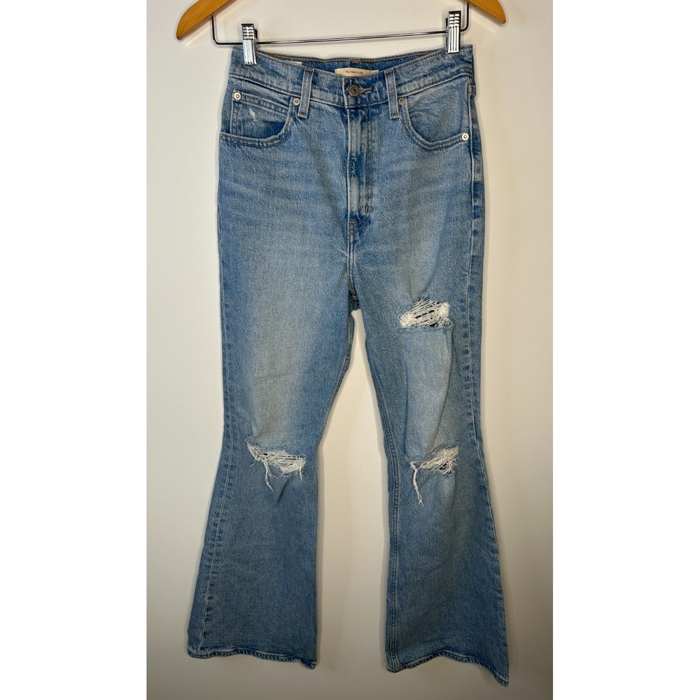 Levi's Premium 70's High Rise Flare Women's Jeans Blue Denim Distressed Size 26 - Picture 2 of 14